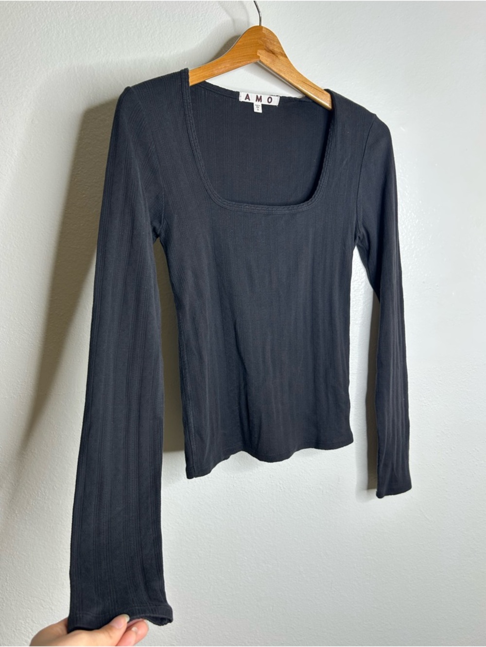 AMO 100% Pima Cotton Square Neck Pointelle Cropped Black Long Sleeve Top